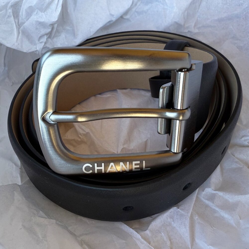 Chanel Uniform Black Leather Classic Buckle Belt 95cm 38 ITALY U16 NEW U55509